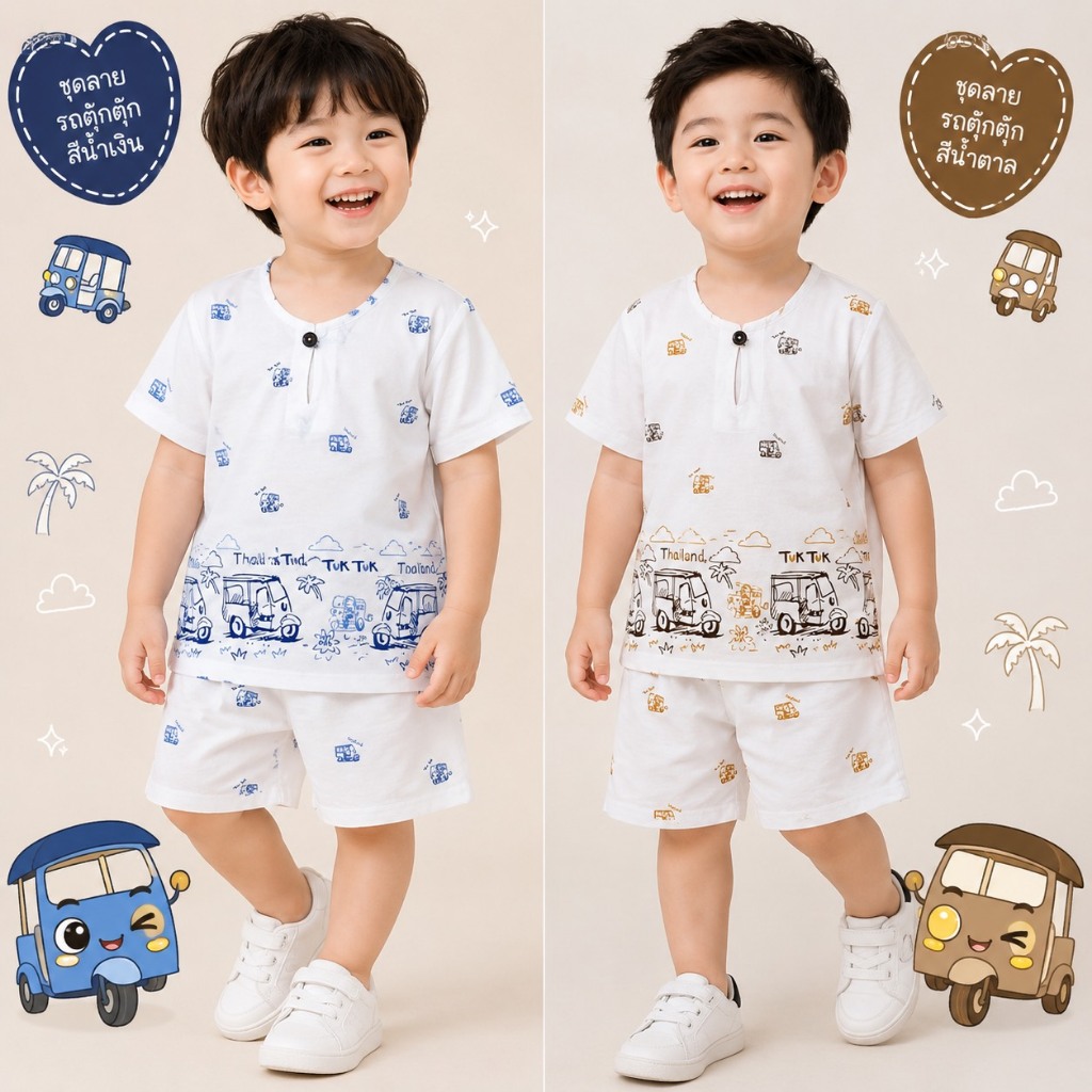 ชุดคอกลมลายตุ๊กๆ มี2สี สีฟ้าและสีเหลือง