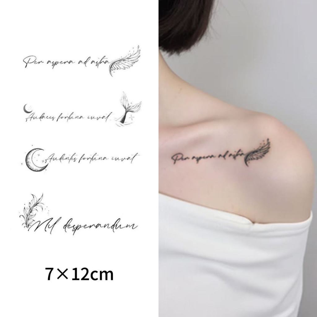 COD TH 【Parry Tattoo】สติกเกอร์ข้อความละตินปีกหางเงือกพระจันทร์ กันน้ำ ทน15วัน ไม่หลุดง่าย