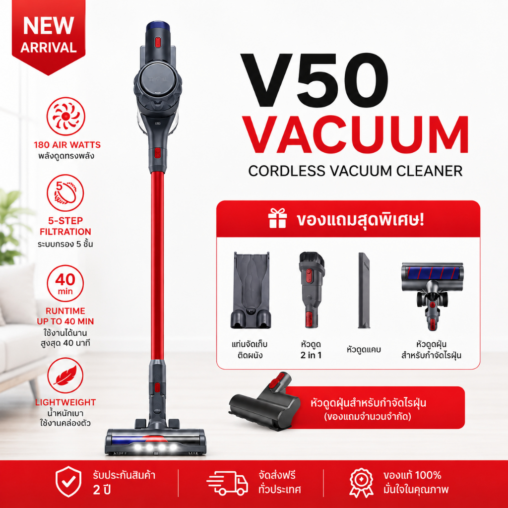 เครื่องดูดฝุ่นไร้สายอัจฉริยะ V50 Vacuum | เครื่องดูดฝุ่นทรงพลัง | มาพร้อมหัวดูดแบบถอดเปลี่ยนได้หลายแบบ