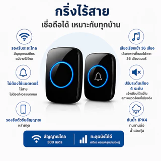 กริ่ง กริ่งประตู กระดิ่งอัตโนมัติ กริงประตูไร้สาย กระดิ่งไร้สาย เสียงดังระยะไกล 300เมตร ออดหน้าบ้าน ออดประตู