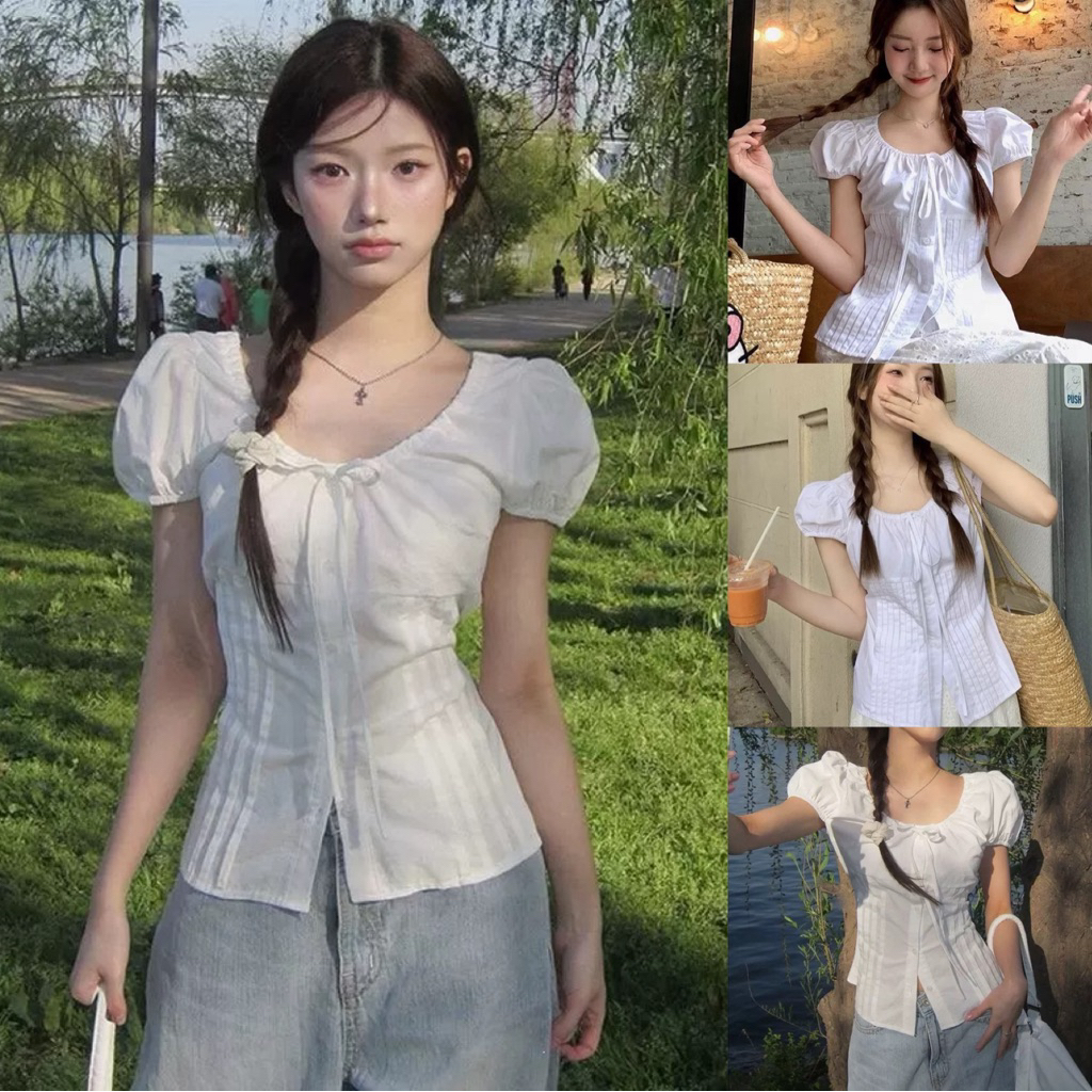 (อก30-40) เสื้อเบลาส์สีขาวคอเหลี่ยม เสื้อแขนตุ๊กตา แต่งกระดุมหน้า ดีเทลผูกโบว์ สไตล์เกาหลี สาวอวบใส่ได้อกถึง40นิ้ว