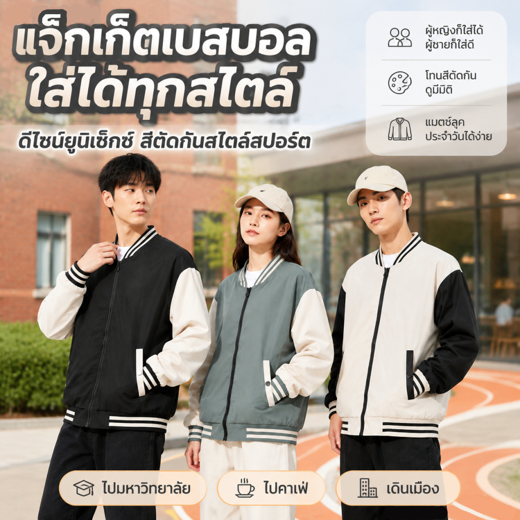 【COD】แจ็คเก็ตเบสบอล ยูนิเซ็กซ์ เสื้อแจ็คเก็ตบอมเบอร์ สไตล์เกาหลี เสื้อคลุมแฟชั่น แขนตัดสี ใส่ได้ทั้งชายหญิง แมทช์ง่าย
