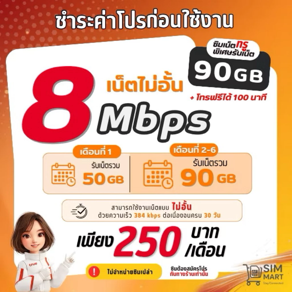 (ชำระโปรก่อนเปิดใช้งาน) ซิมเทพทรู 8 Mbps ไม่อั้น เน็ตไม่ลดสปีด โทรฟรีทุกค่าย 250บ./เดือน (จำกัด 1 ซิมต่อ ออเดอร์)