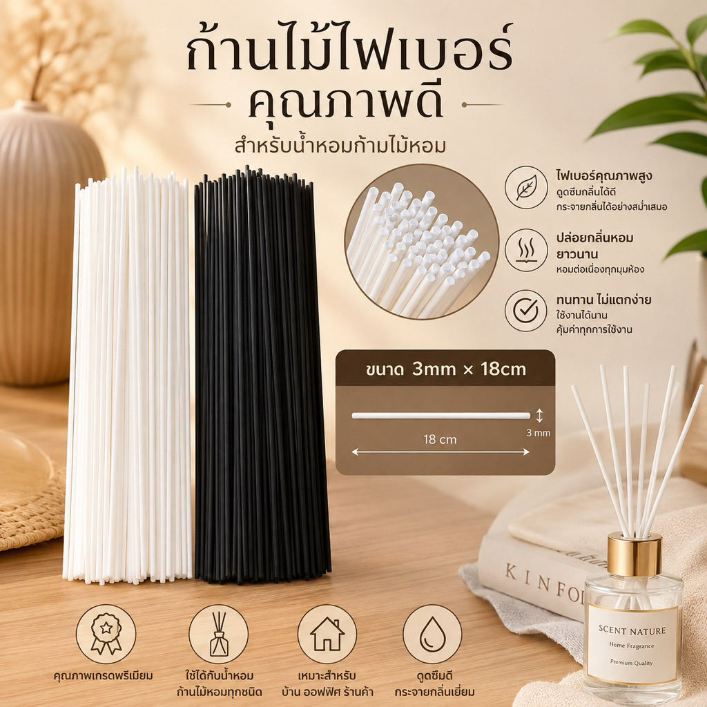 ก้านไม้หวายไฟเบอร์คุณภาพดี (ขนาด 3-4 mm.*18 cm.) 10 ก้าน