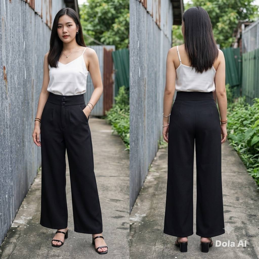 กางเกงขายาวผู้หญิง "S-3XL" รุ่นกระบอกใหญ่กระดุมคู่ (ผ้าฮานาโกะ)