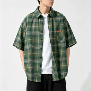 AceMenเสื้อเชิ้ตแขนสั้นลําลอง เสื้อเชิ้ตผู้ชาย ลายสก๊อต ทรงหลวม แฟชั่นฤดูร้อน พร้อมส่ง