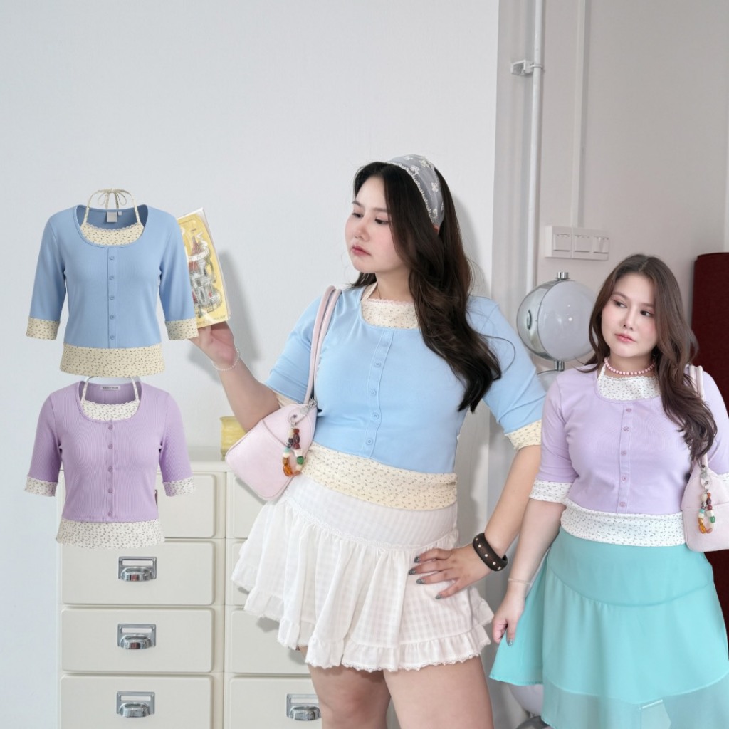 Joyce Top 🛋️ — เสื้อสองชั้นเลเยอร์ แขนmidi ผูกคอสาวอวบ (T0229) - Merrychubbyhouse