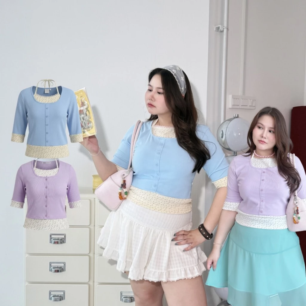 Joyce Top 🛋️ — เสื้อสองชั้นเลเยอร์ แขนmidi ผูกคอสาวอวบ (T0229) - Merrychubbyhouse