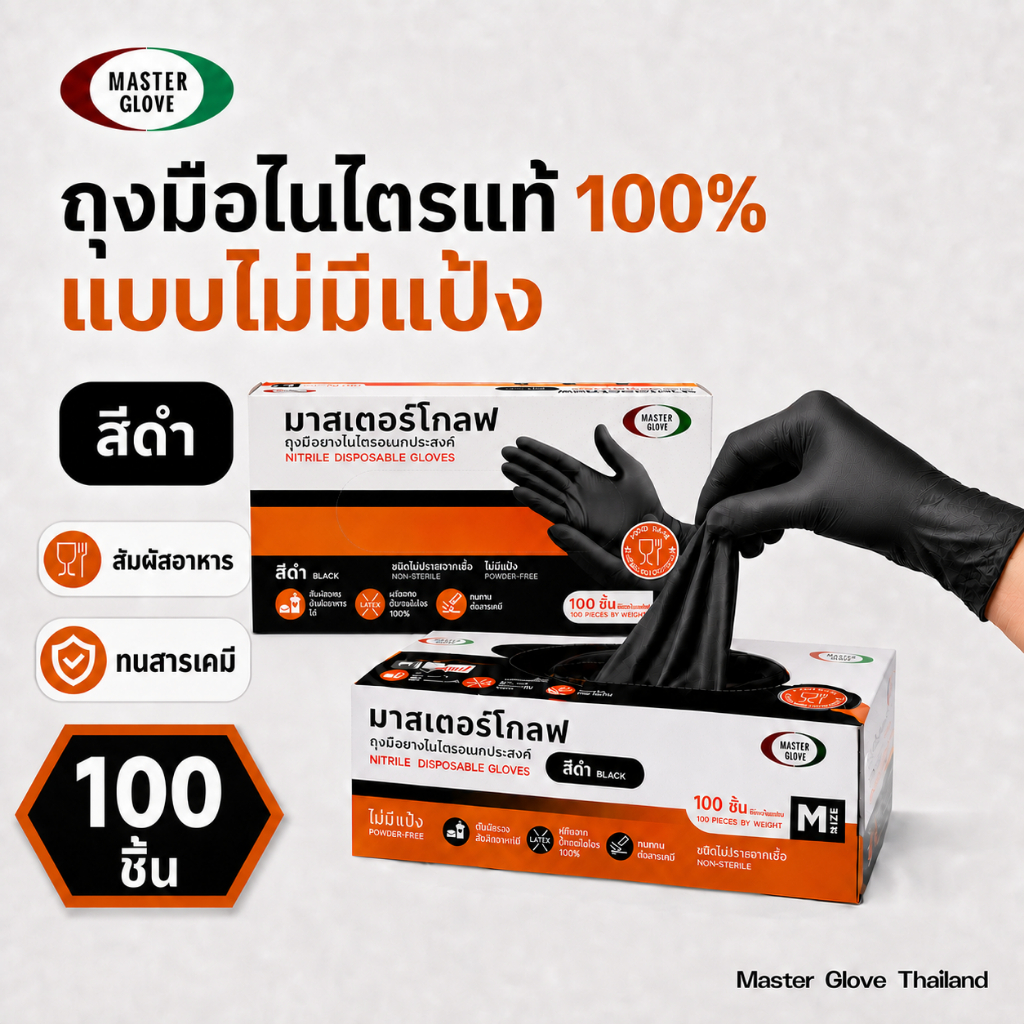 ถุงมือไนไตร สีดำ 100 ชิ้น หนา3.5 กรัม ไร้แป้ง (Food Safe) ถุ