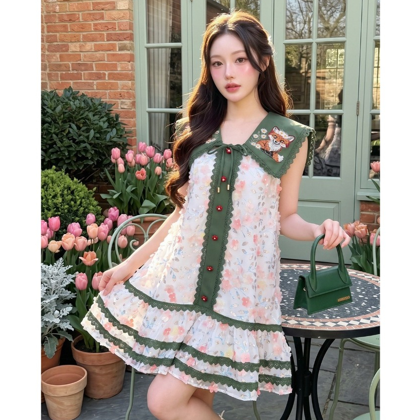 (มีถึง3XL) Maria Diamond สีเขียว Foxie Fox Dress เดรสทรงปล่อยผ้า pop up ดอกไม้ ปกกะลาสีงานปัก แต่งกระดุม ซิปหลัง มีซับใน