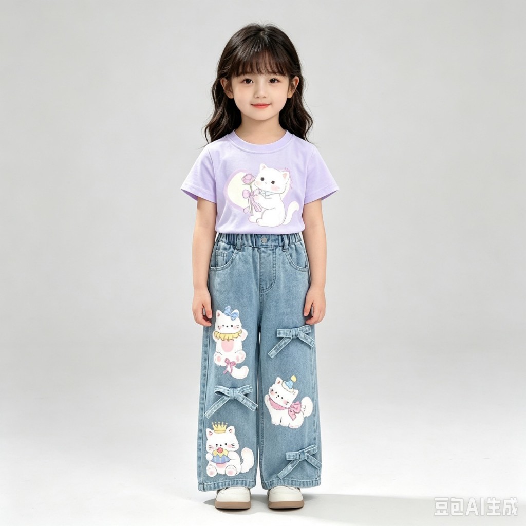 BB366 เช็ตคู่เสื้อยืด + กางเกงยีนส์เด็กผู้หญิง กางเกงขายาวลายการ์ตูนหมีกระต่าย น่ารัก ใส่คู่เสื้อยืด รูปที่ 7