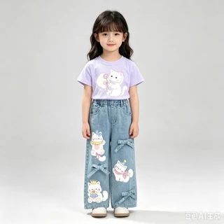 BB366 เช็ตคู่เสื้อยืด + กางเกงยีนส์เด็กผู้หญิง กางเกงขายาวลายการ์ตูนหมีกระต่าย น่ารัก ใส่คู่เสื้อยืด