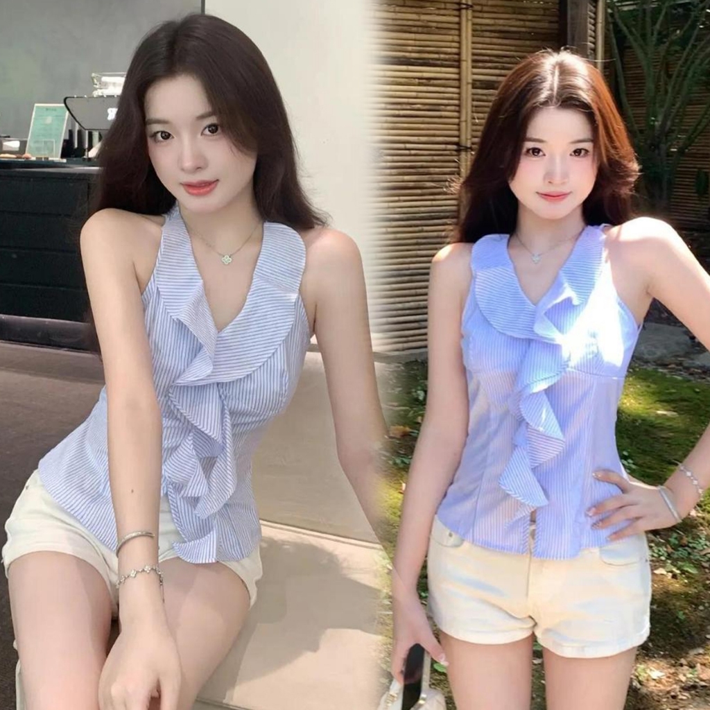 STYLE#เสื้อเชิ้ตผู้หญิง ลายทาง แขนกุด สีฟ้า มีระบายด้านหน้า สวมใส่สบายและมีสไตล์ เหมาะสำหรับหญิงสาว#W724