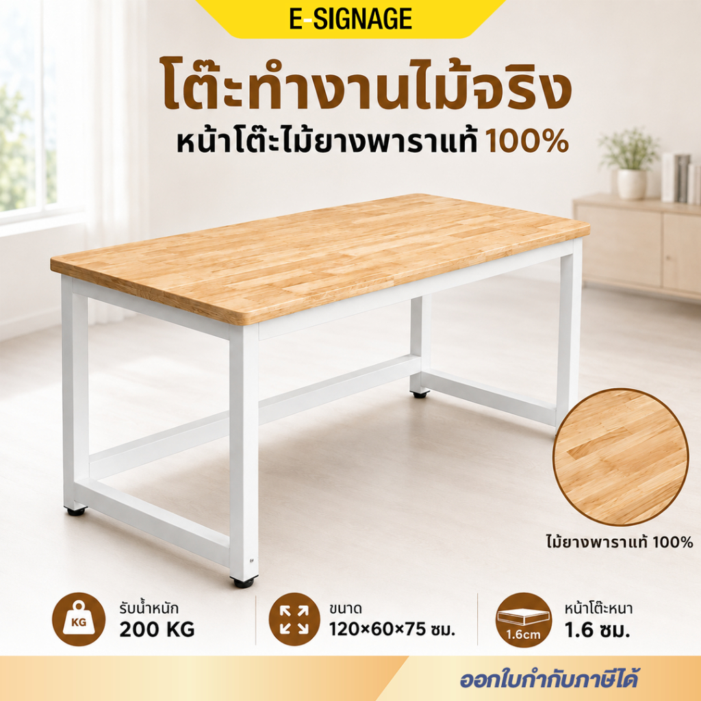 esignagemall โต๊ะทำงานไม้ 120x60x75 ซม. โต๊ะคอมพิวเตอร์ ขาเหล็กแข็งแรง รับน้ำหนัก 200KG โต๊ะมินิมอล
