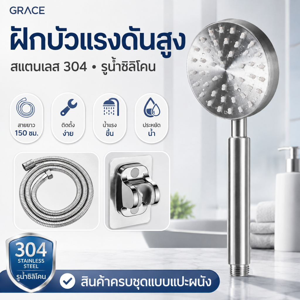 GRACE ฝักบัวอาบน้ำแรงดันเพิ่ม สแตนเลสคุณภาพสูง หัวซิลิโคนกันอุดตัน ทนทาน ใช้งานยาวนาน ติดตั้งง่าย เหมาะสำหรับห้องอาบน้ำภ