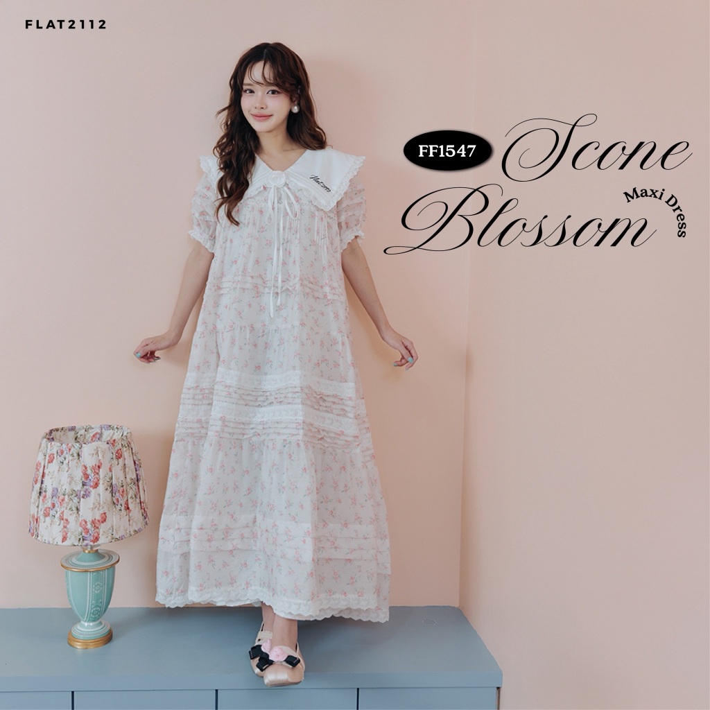 FLAT2112 : SCONE BLOSSOM MIDI DRESS เดรสยาว แม็กซี่เดรส เดรสยาวลายดอกไม้ เดรสแขนสั้น เดรสลูกคุณหนู (FF1547)