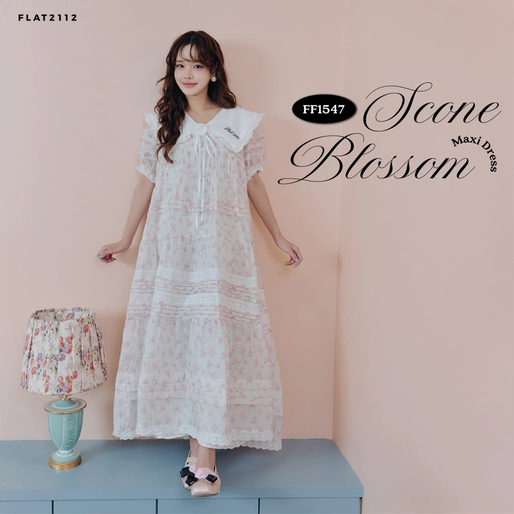 FLAT2112 : SCONE BLOSSOM MIDI DRESS เดรสยาว แม็กซี่เดรส เดรสยาวลายดอกไม้ เดรสแขนสั้น เดรสลูกคุณหนู (FF1547)