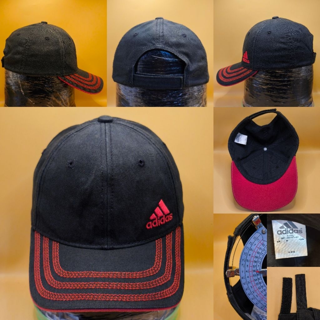 🖤❤️ ดำ-แดงสุดสปอร์ต! หมวก adidas ปักโลโก้แดงข้าง เดินด้ายปีกหมวกสุดเท่ ปีกใต้สีแดง สายตีนตุ๊กแก สภาพ