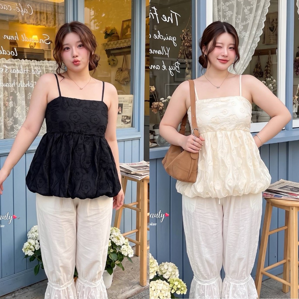 /FB/ เสื้อสายเดี่ยวชายบอลลูน ไซส์อก38-48 ผ้าแก้วลูกไม้สวยหรู สม็อคหลัง ใส่แล้วน่ารักมากกก #สาวอวบอ้วน พลัสไซส์