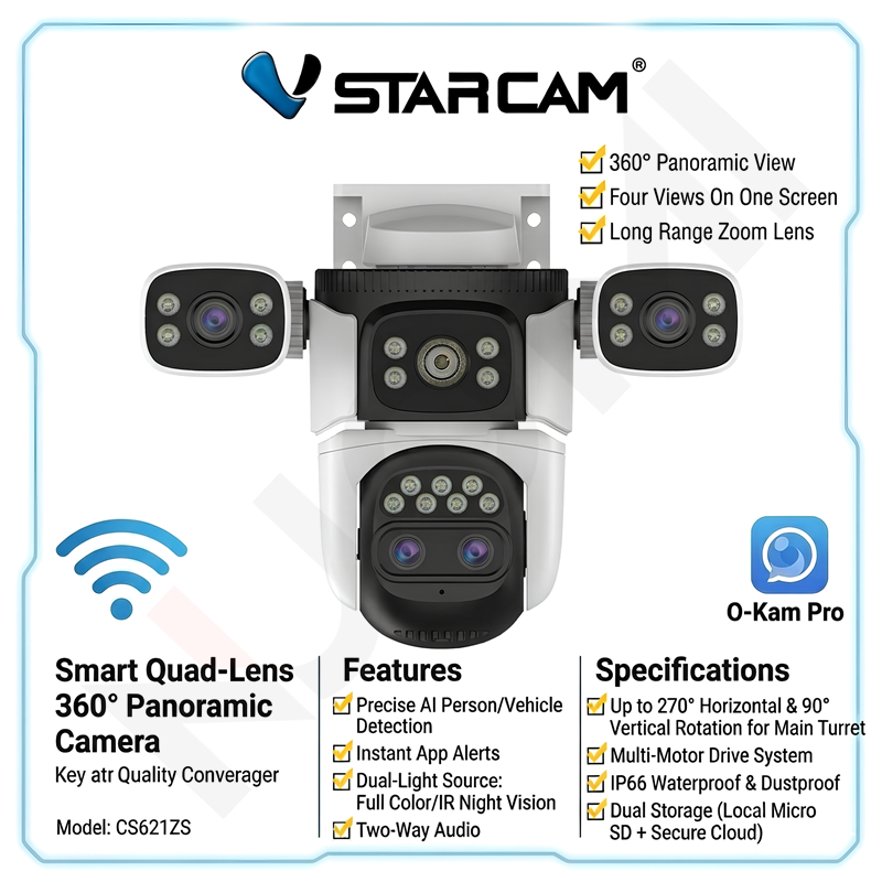 Vstarcam CG621ZS กล้องวงจรปิดใส่ซิม 4G ไร้สาย / CS621ZS Wifi ความละเอียด 2MP x 4 เลนส์กล้อง iP Camer