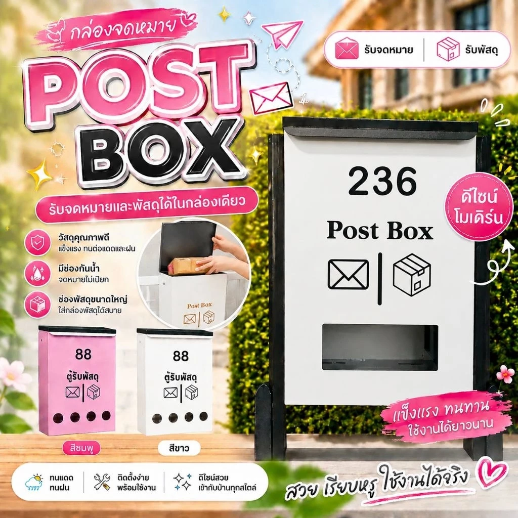 [ฟรี!! ติดเลขที่บ้าน] ตู้รับพัสดุใหญ่ กันน้ำ สไตล์มินิมอล ใส่กล่องใหญ่+เอกสาร A4 ได้เยอะ | แขวนรั้ว แข็งแรง ไม่เป็นสนิม