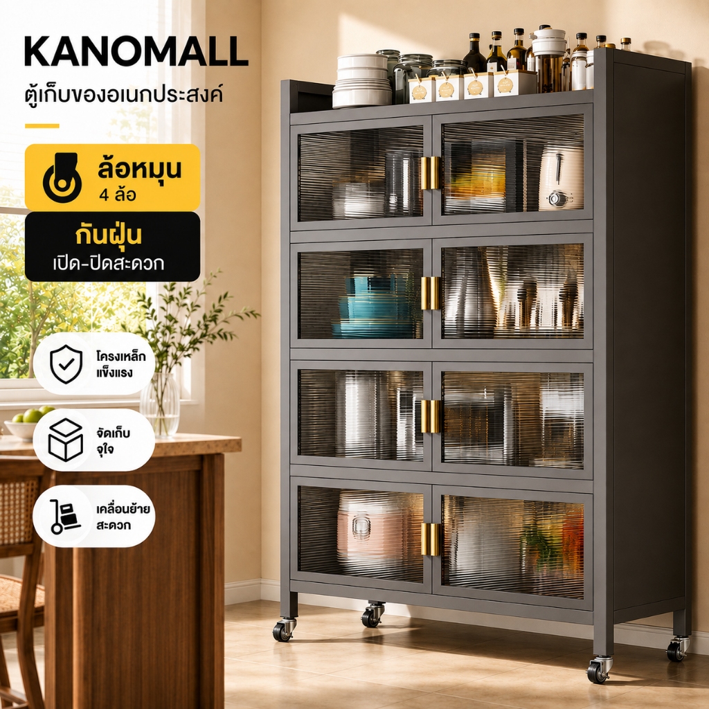 KANO ตู้เก็บของ ตู้กับข้าว ครัวตู้กับข้าวพร้อมประตูตู้ ดีไซน์กันฝุ่น ชั้นวางของในครัว วางเตาอบและไมโครเวฟได กันน้ำ สนิม