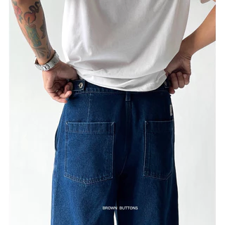 BROWN BUTTONS EASY DENIM PANTS กางเกงผ้ายีนส์ฟอก ทรงกระบอก สีเข้ม