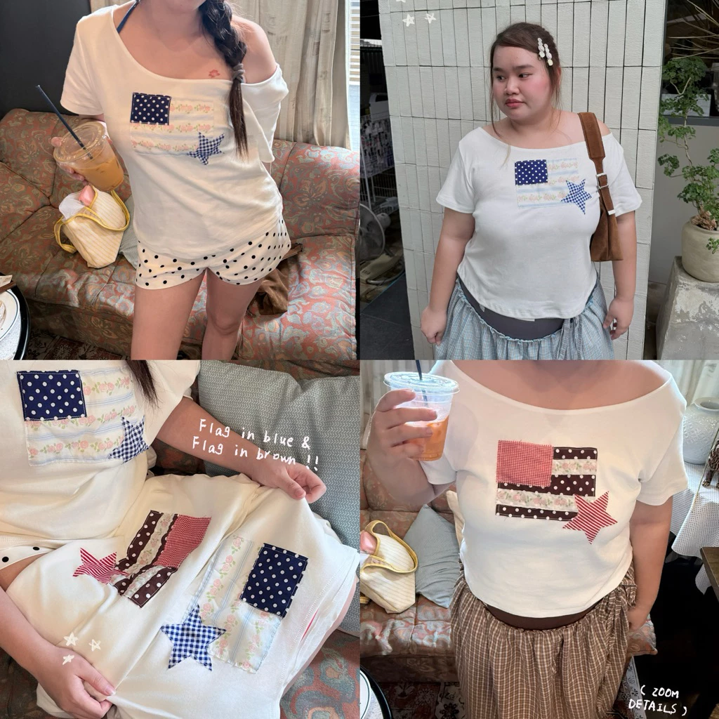 Joliese | Flag off-shoulder crop เสื้อปาดไหล่สาวอวบ
