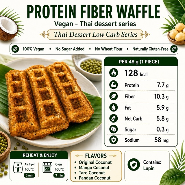 FF39fitfinfirm protein fiber waffle vegan วาฟเฟิล เจเพิ่มโปรตีน ไฟเบอร์ วัตถุดิบ gluten free ไม่เติมน้ำตาล ไร้แป้งสาลี