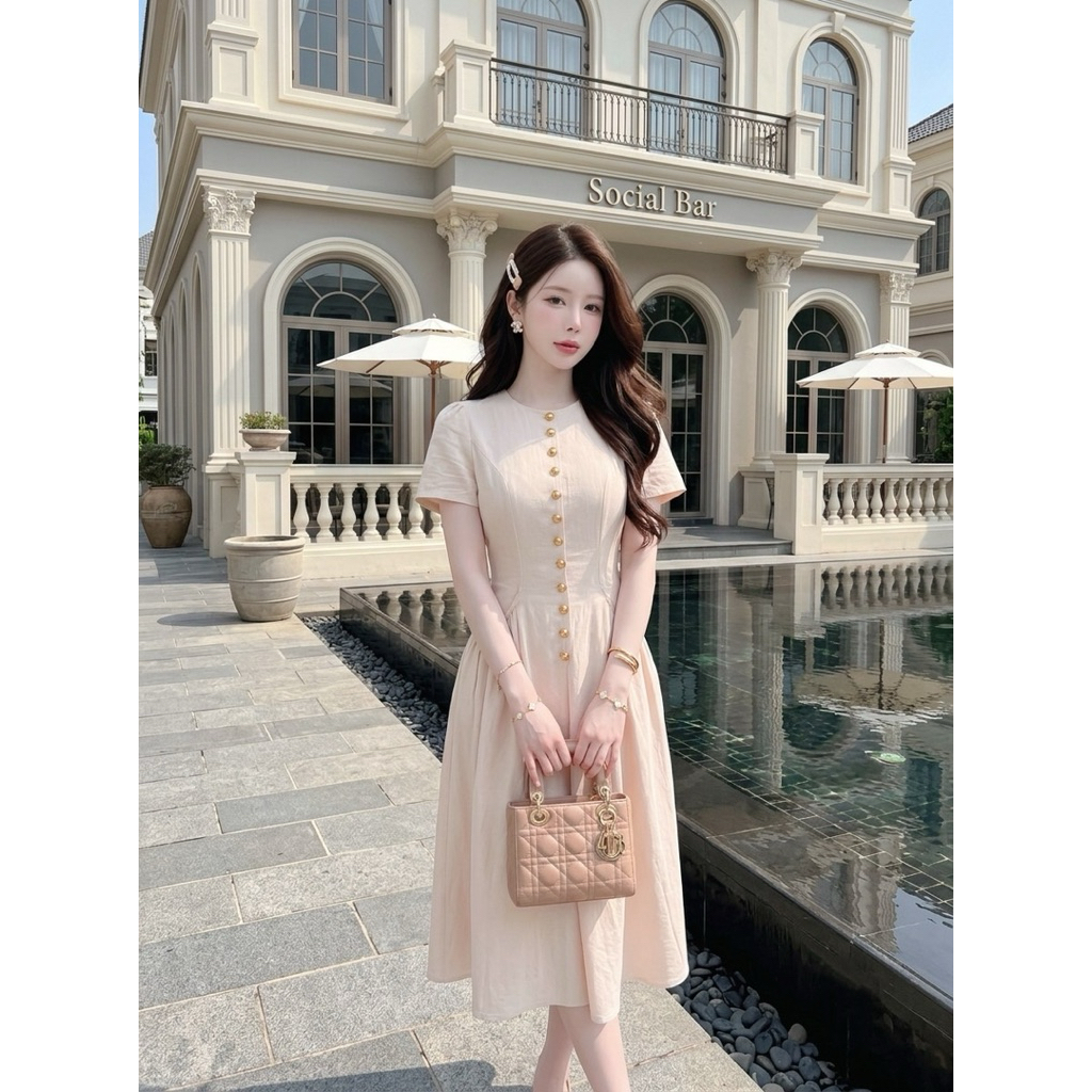 [NITTAYA] V0051 ชุดเดรสกระโปรงยาวคอกลมแขนสั้นดีเทลแต่งกระดุมทองกระเป๋าข้าง เรียบหรูผู้ดี ใส่ออกงาน ดินเนอร์ งานมงคล