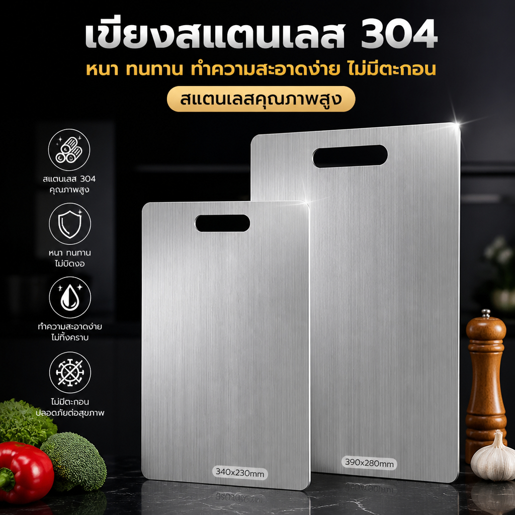 เขียงสแตนเลส 304 แท้ แบบหนา กันเชื้อรา ทำความสะอาดง่าย ไม่ดูดซับกลิ่น ใช้หั่นผักผลไม้และเนื้อสัตว์