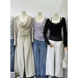 B713 | เสื้อคอเดรปแขนยาว + สายเดี่ยวลูกไม้ในตัว เสื้อทรงเข้ารูป คอเดรปทิ้งตัวเป็นชั้นๆ ช่วยให้ช่วงค