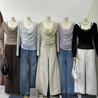 B713 | เสื้อคอเดรปแขนยาว + สายเดี่ยวลูกไม้ในตัว เสื้อทรงเข้ารูป คอเดรปทิ้งตัวเป็นชั้นๆ ช่วยให้ช่วงค
