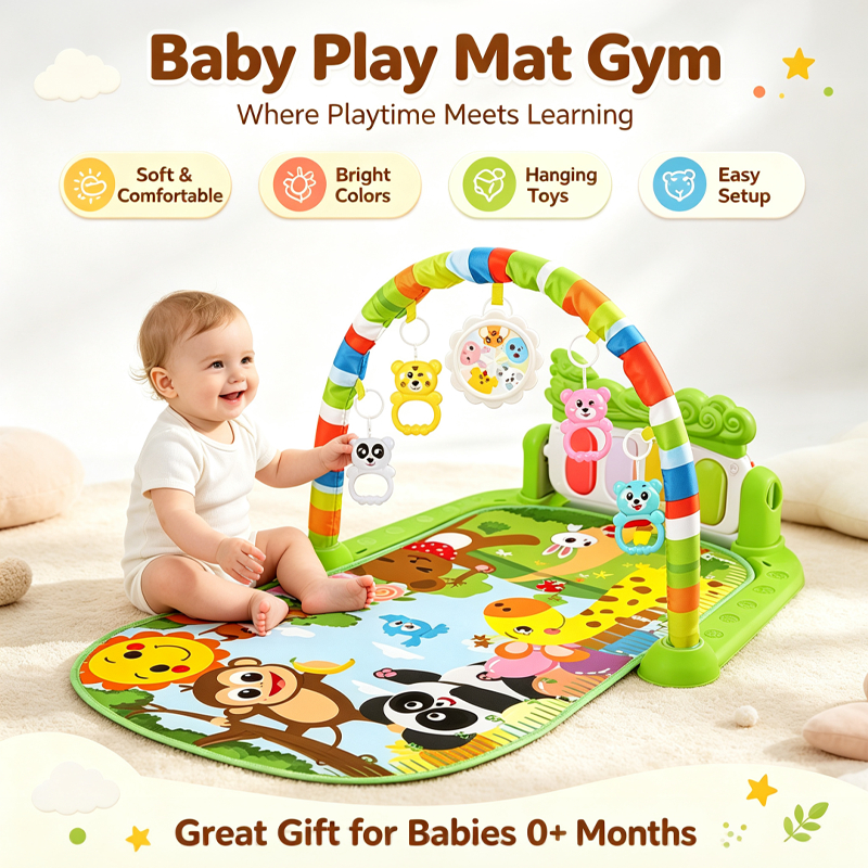 Baby Play Gym Foldable Soft Playmat Music Light Hanging Rattle Toys Tummy Time Mat for 0‑12M Newborn