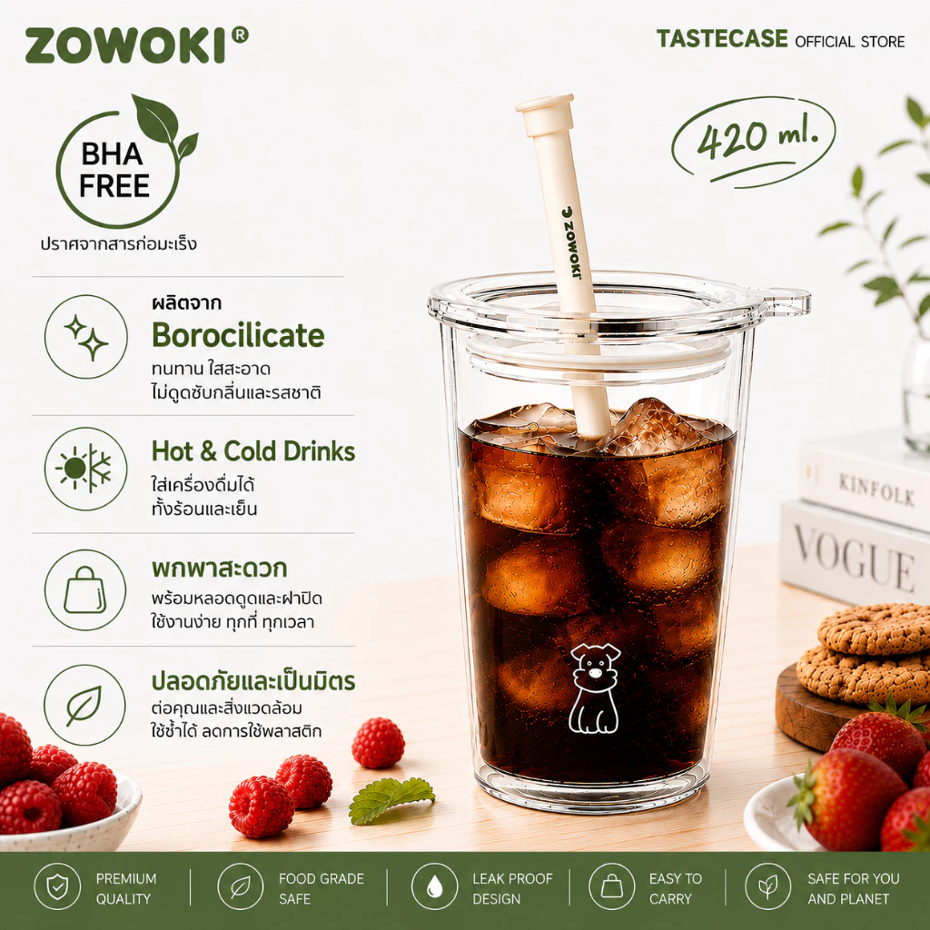 Zowoki BMS-420 แก้วน้ำรักษาอุณหภูมิ แก้วเก็บความเย็น-ร้อน แก้ว Double Wall เกรดพรีเมี่ยม ความจุ 420 ml.