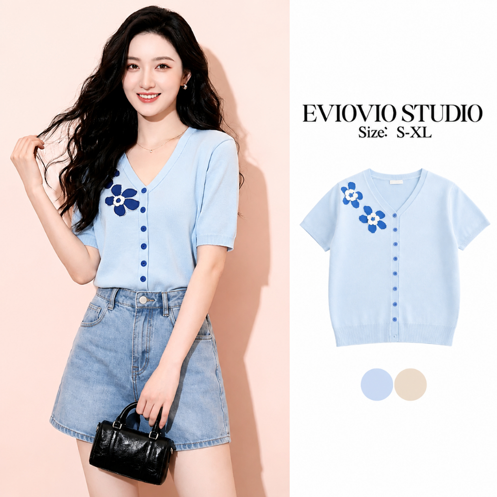 พร้อมส่ง (S-XL) เสื้อไหมพรมแขนสั้นคอวี แต่งดอกไม้ปักสุดคิ้วท์ ใส่ไปคาเฟ่ สไตล์เกาหลี เสื้อทำงาน เสื้อสาวอวบ