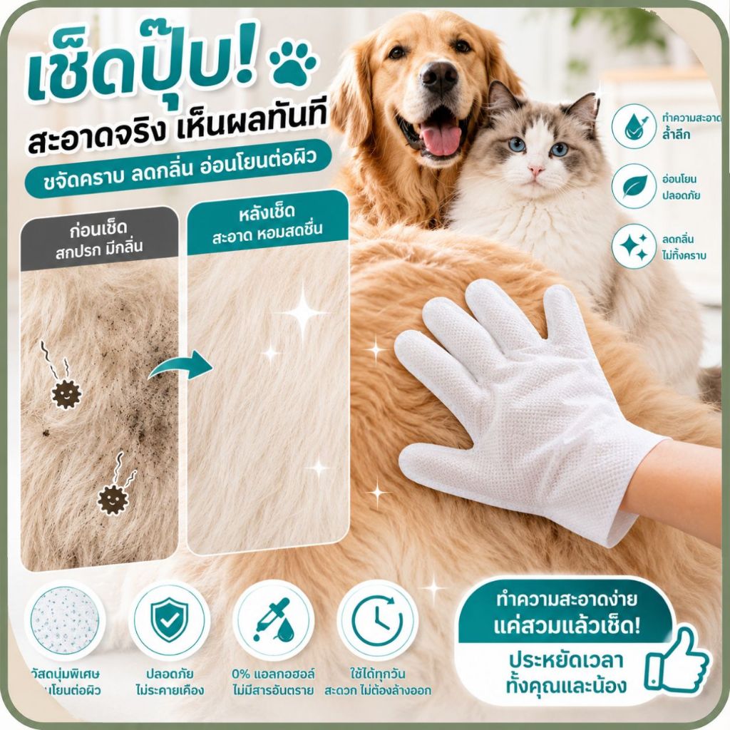 ถุงมืออาบน้ำสัตว์เลี้ยงแบบใช้แล้วทิ้ง ถุงมือเปียกเช็ดตัวแมวสุนัข No Rinse อ่อนโยน ไม่ระคายเคือง ดับกลิ่น 6 ชิ้น