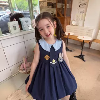 PRINCESS KESLI ชุดเดรสเด็กผู้หญิง แขนกุด สีน้ำเงิน กระต่าย ชุดเดรสฤดูร้อนรุ่นใหม่ 1-9 ปี