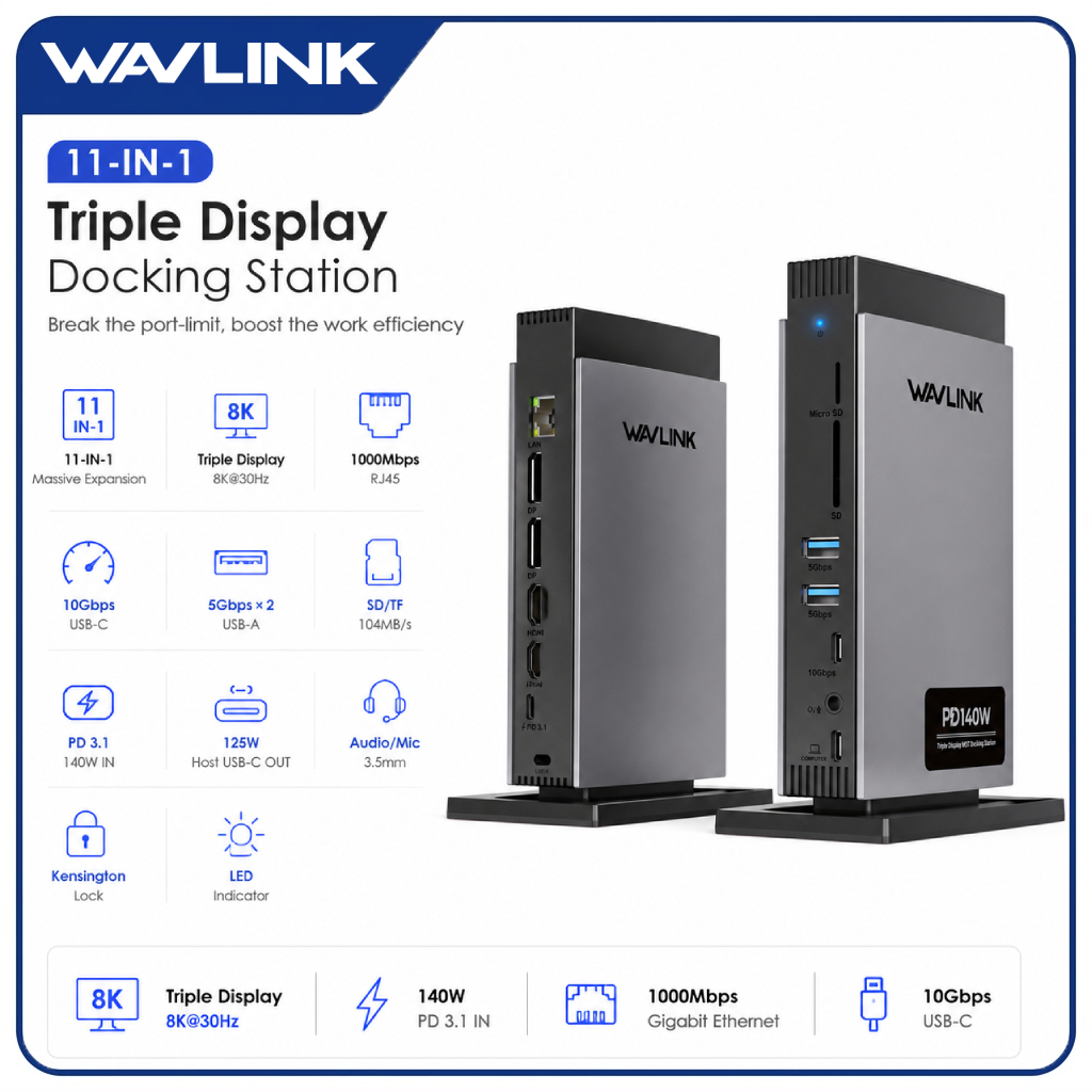 WAVLINK แท่นวาง 11-in-1 MST รองรับ DP 8K 2 ช่อง + HDMI 8K, RJ45, USB-C 10G, USB 3.0 2 ช่อง, ช่อง SD/