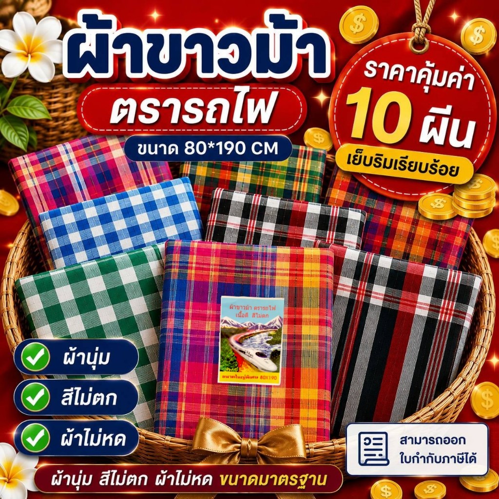 (10ผืนคละสี) ผ้าขาวม้า ผ้าฝ้าย เย็บชายทุกผืน ขนาด 80×190 cm