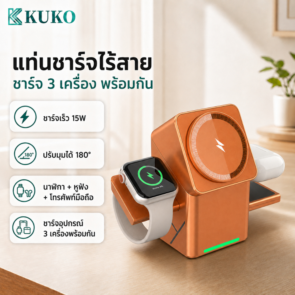 KUKO 15W Magnetic 3 in 1 แท่นชาร์จหูฟังไร้สาย Wireless Charger สําหรับ Phone 17 16 15 PRO MAX Watch/