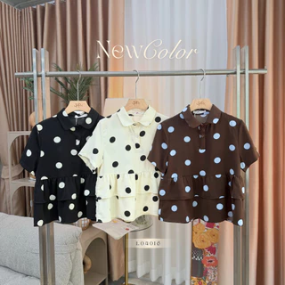 POI Polka Pop เสื้อผ้าเจลลี่คอปกแขนสั้นแต่งชายระบาย มี 3 สี ครีม ดำ น้ำตาล L040I6