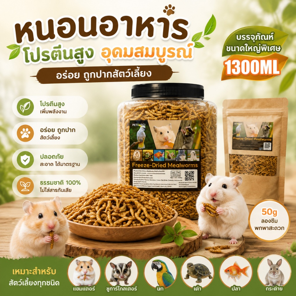 PETLUSCI® หนอนนกอบแห้ง 1300ML หนอนอาหาร หนอนอบแห้ง อาหารหนูแฮมเตอร์ hamster โปรตีนสูง อาหารนก เต่า
