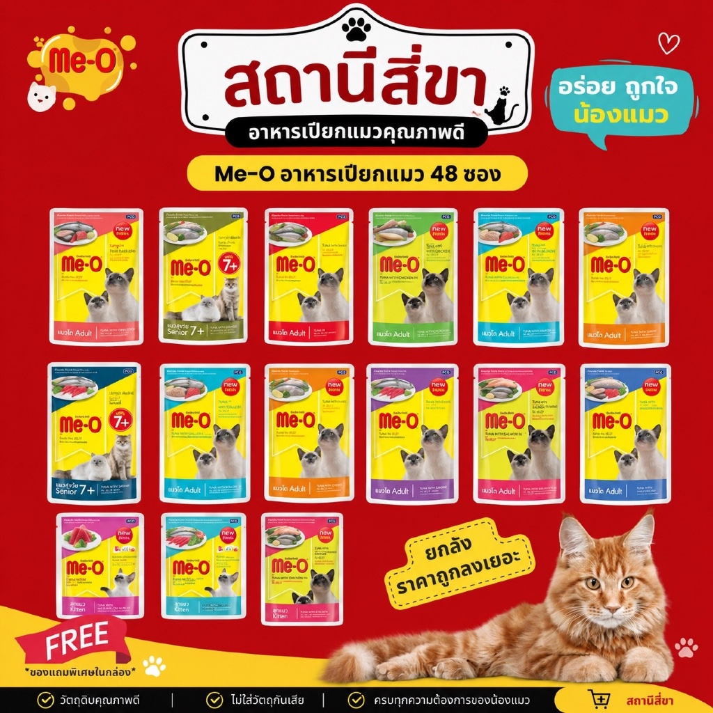 [ยกลัง] Me-O อาหารเปียกแมว ยกลัง 48 ซอง ร อาหารแมวแบบเปียก