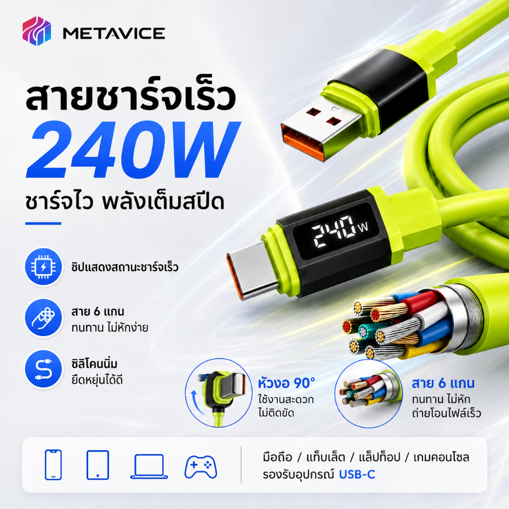 Metavice สายชาร์จ USB C 240W PD QC SCP หัวตรง หัวงอ 90 องศา ถักไนลอน ชาร์จไว ถ่ายโอนข้อมูล