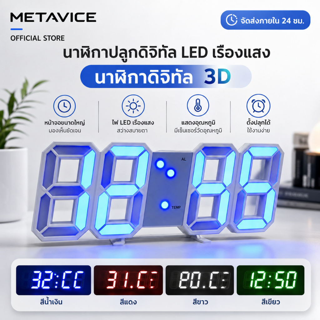 นาฬิกาดิจิตอล LED 3D ติดผนัง/ตั้งโต๊ะ Metavice ME026 พร้อมวัน-เวลา-อุณหภูมิ ปลุก 3 ชุด หรี่แสงอัตโนมัติ มีเสียง ดีไซน์หร