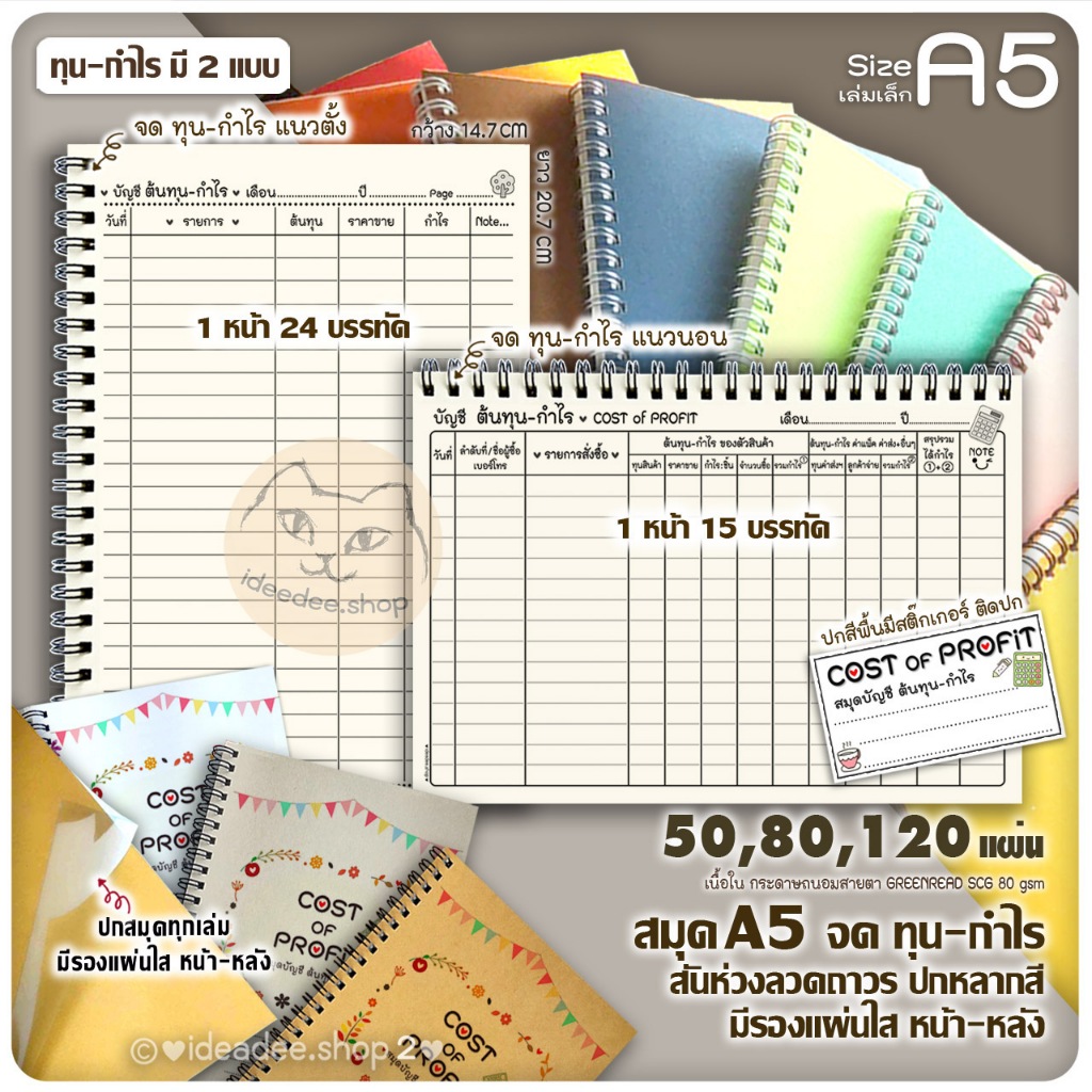 💰สมุด จดทุน-กำไร A5(เล่มเล็ก)แนวตั้ง -นอน ให้เลือก มี 50,80,120แผ่น⭕สันห่วงลวด🌈ปกหลากสี พร้อมแผ่นใสรองปก