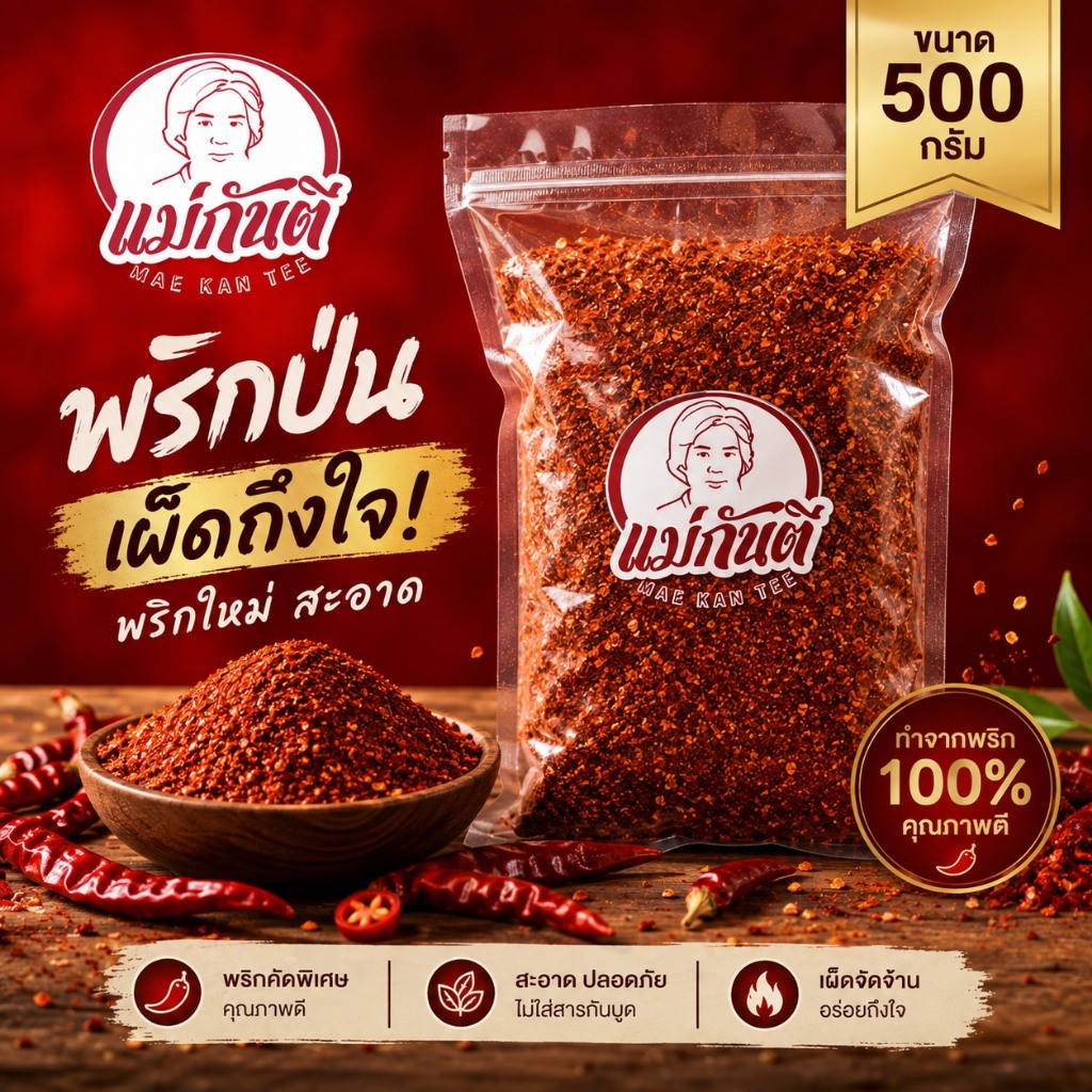พริกป่น 500 กรัม ตราเเม่กันตี  พริกแท้ไม่ผสม รสชาติเผ็ดมาก