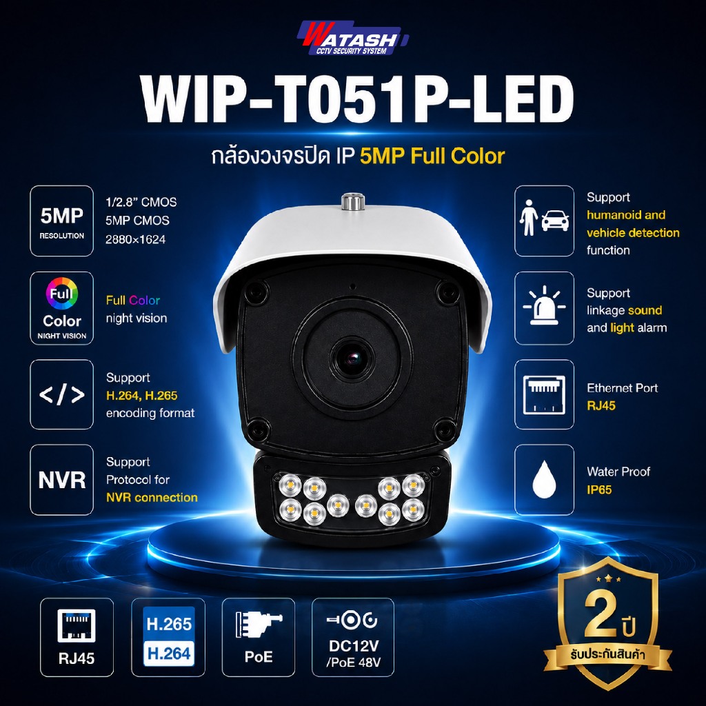 (25.9 ) Watashi Poe รุ่น WIP-T051P-LED คมชัด 5ล้าน POE ภาพสีกลางคืน Full Color night vision ทนฝน IP65