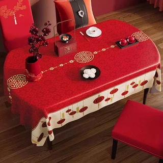 ผ้าปูโต๊ะ PVC สีแดง สำหรับคริสต์มาสและตรุษจีน ลายโคมไฟ กันน้ำ กันน้ำมัน ทนรอยขีดข่วน ทนการสึกหรอ และทนความร้อนสูง